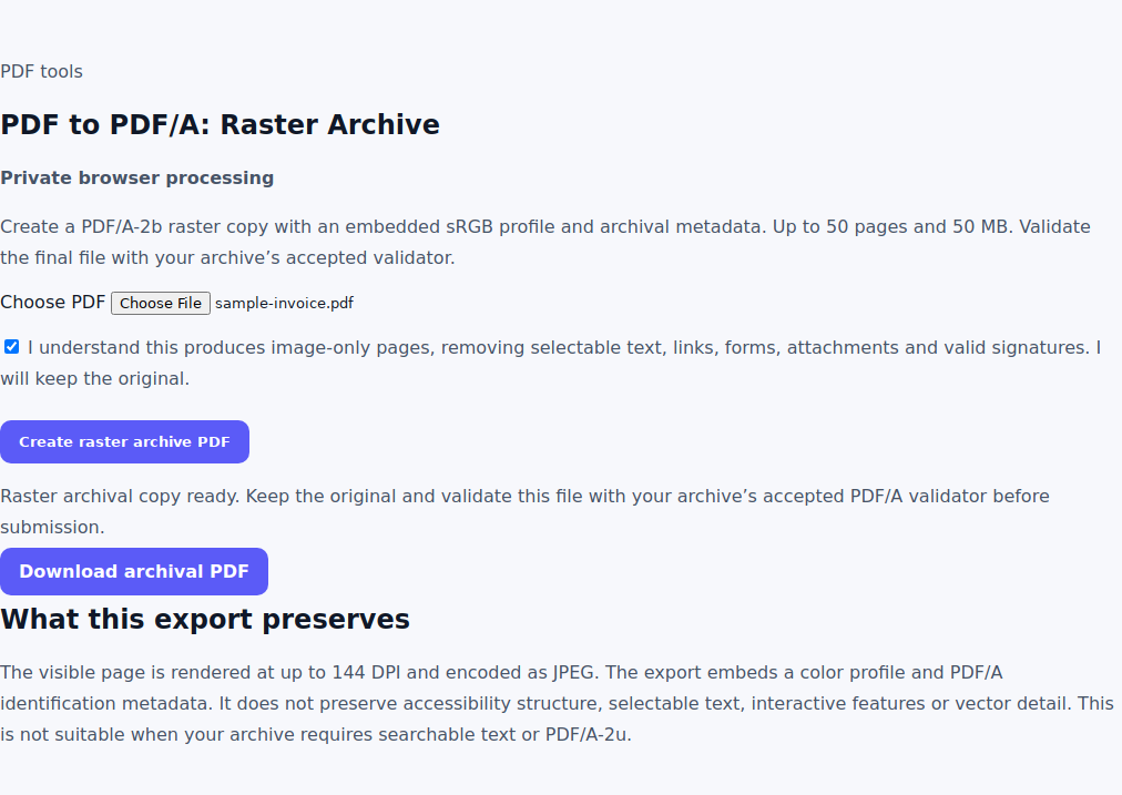 Raster PDF/A exporter with the image-only confirmation selected and an archival PDF ready to download.