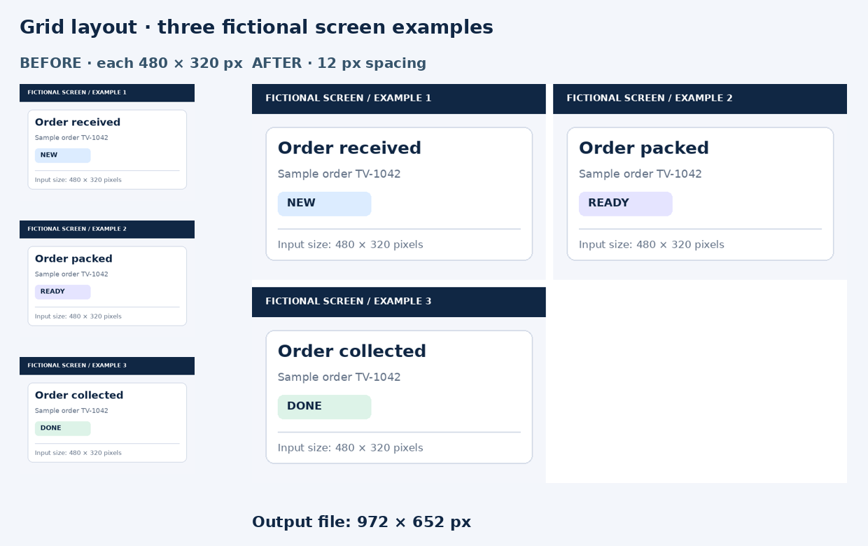 Three sample screenshots arranged in a grid