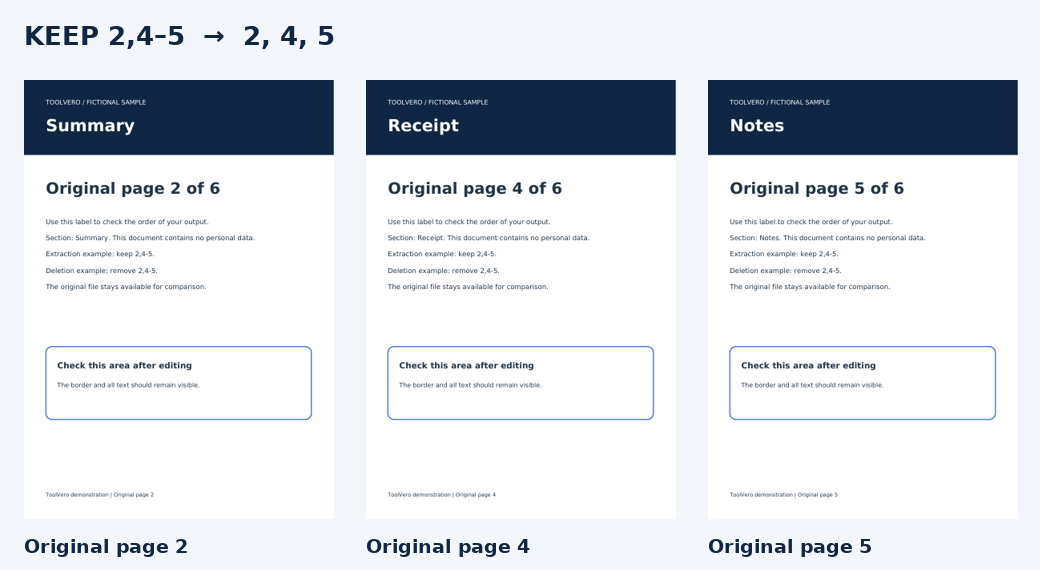 PDF page selection showing the pages retained in the extracted output